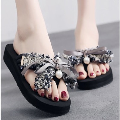 Dép Tông Nữ Xỏ Ngón Kẹp Chống Trượt 3cm Quai Đính Nơ Đi Biển