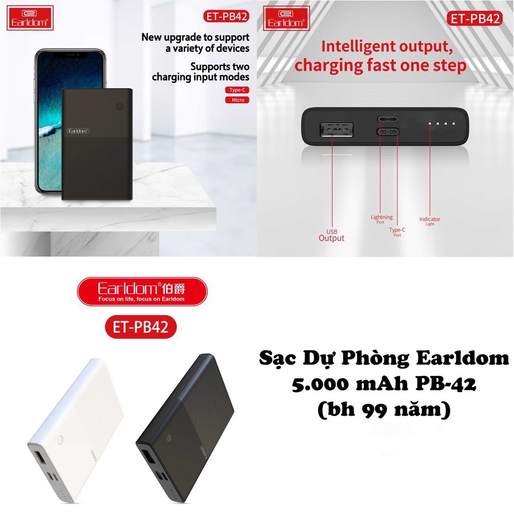 Pin Sạc Dự Phòng Earldom 5000mAh Earldom PB-42 Chính Hãng Sạc Tốt Cho Các Dòng Máy Iphone Samsung Xioami