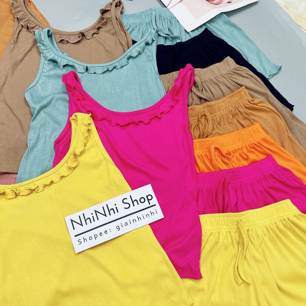 Xả hàng - Bộ ngủ hai dây viền bèo thun tăm, Sét đồ ngủ sexxy co giãn BN0085 - NhiNhi Shop