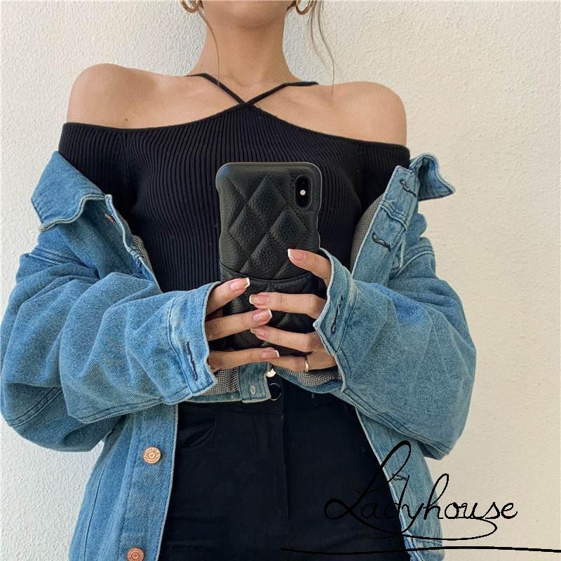 LD-Áo Dệt Kim Trễ Vai Màu Trơn Phong Cách Hàn Quốc Dành Cho Nữ