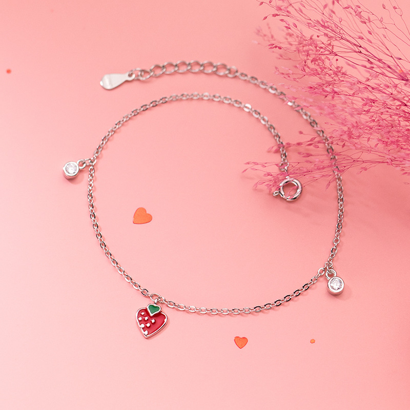 Lắc Chân Mạ Bạc 925 Đính Đá Hình Quả Dâu Tây Xinh Xắn