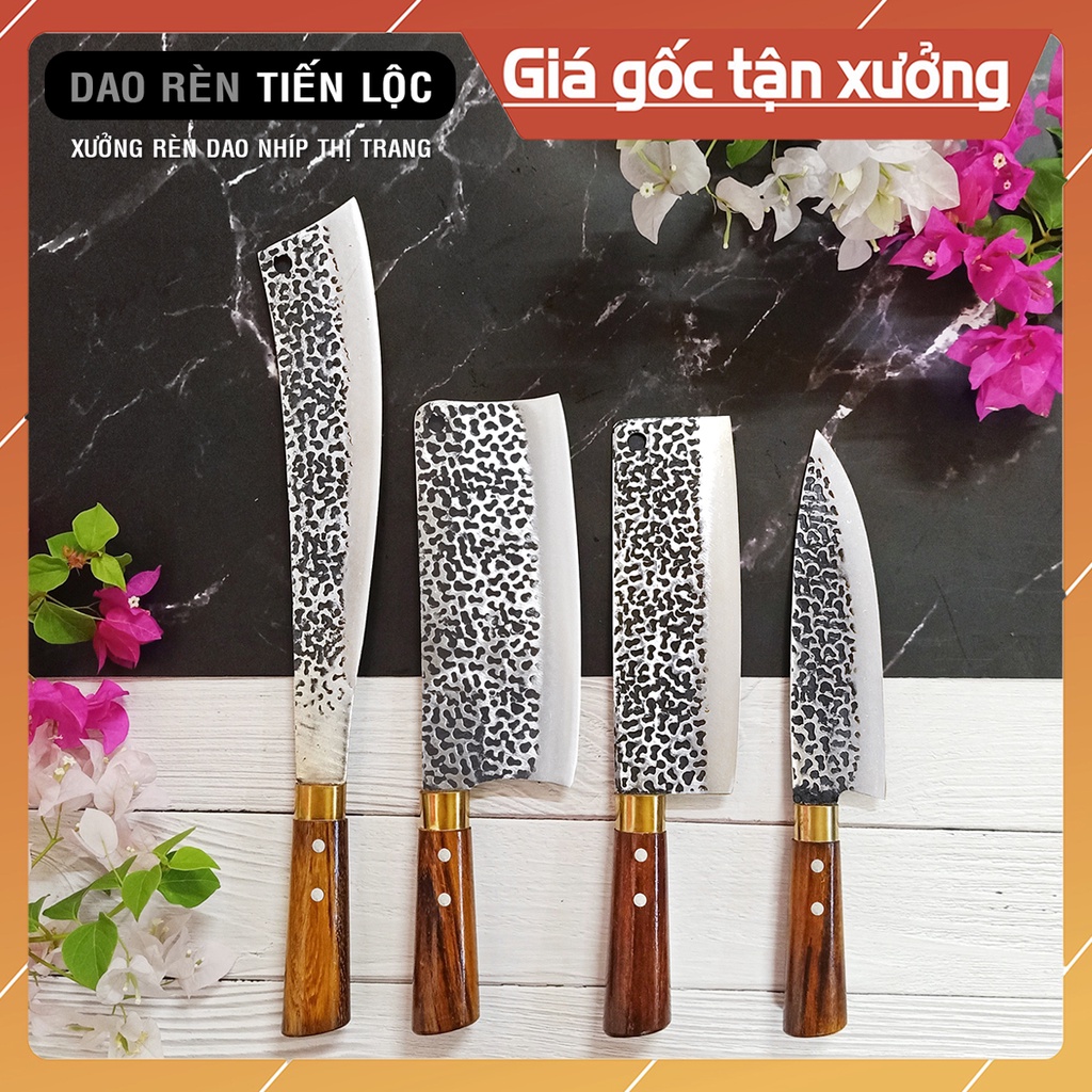 Dao Bếp Bộ 4 Dao Nhà Bếp Thép Nhíp Dập Vân 2 Mặt Kháng Rỉ Tốt - Cán Cẩm Chỉ