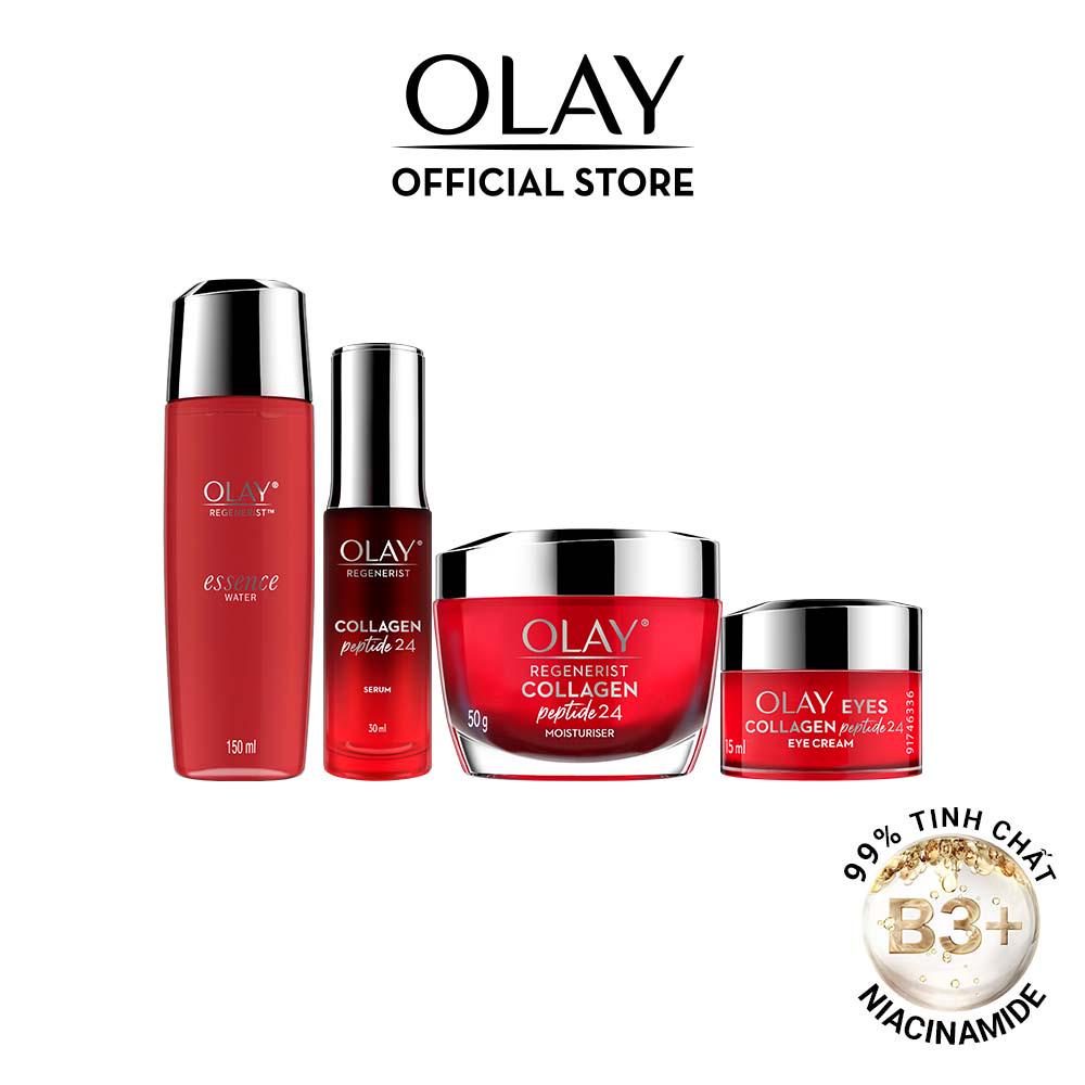 Combo 4 OLAY Collagen: Kem Dưỡng Da 50G, Kem Mắt 15ML, Serum 30 ML Và Nước Tinh Chất Vi Dưỡng Essence 150ML