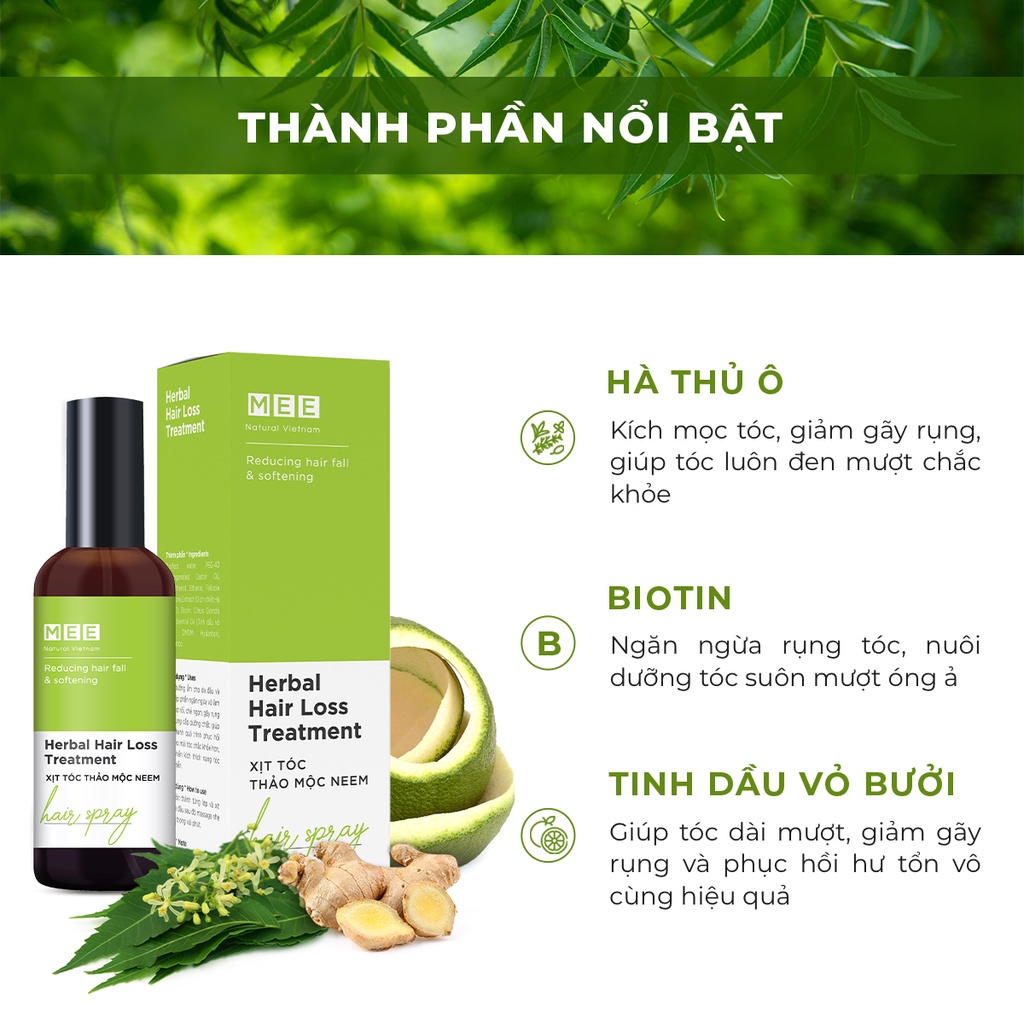 Xịt mọc tóc Mee Natural - Bộ dầu gội, dầu xả kích mọc tóc thảo mộc lá Neem, ngăn rụng tóc thảo mộc