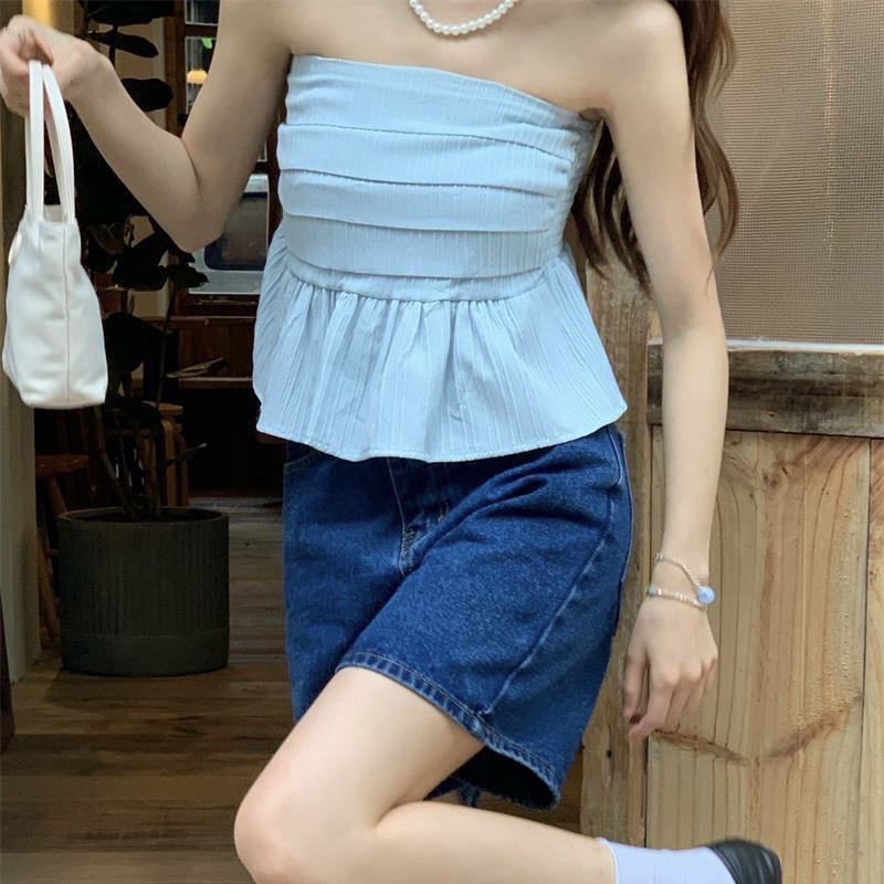 Áo Ống Cúp Ngực Xếp Ly Phối Bèo Bo Chun Sau, Áo Quây Ngực Croptop Kiểu Dáng PepLum
