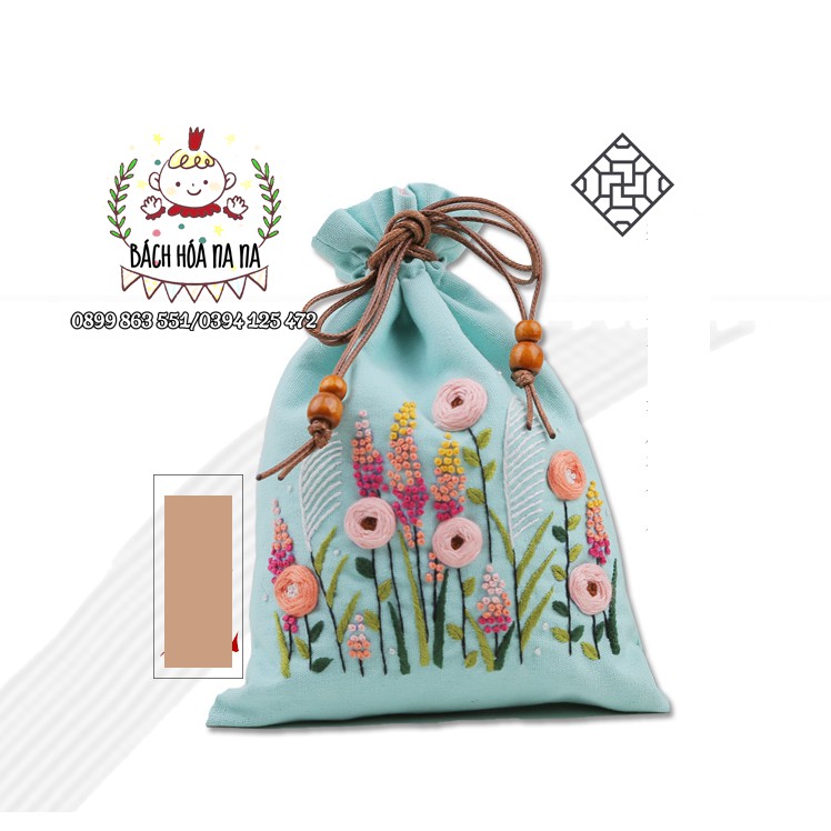 Kit tập thêu DIY - Túi Vải dây rút  họa tiết thêu tay hoa nhỏ hãng Cherish, handmade shop