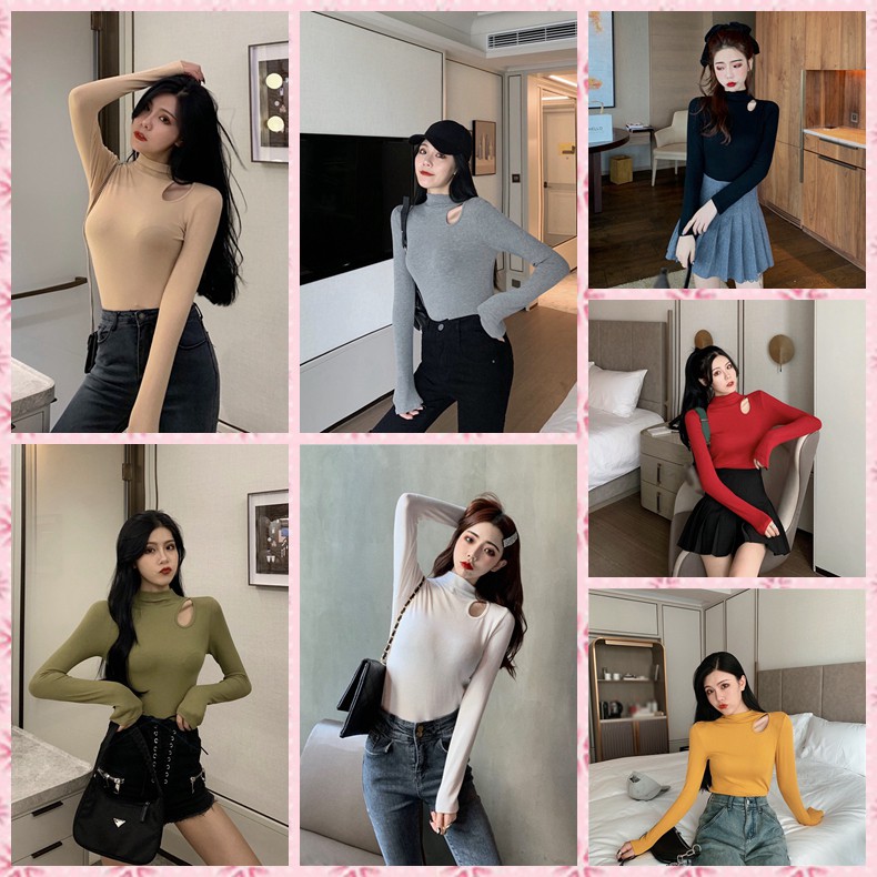 Women New Solid Color Half-neck T-shirt Off-shoulder Slim Long-sleeved T-shirt