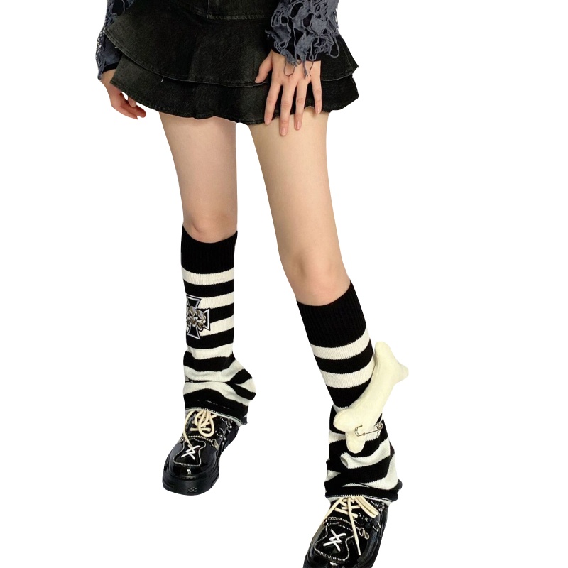 Vớ Ống Chân Dệt Kim Giữ Ấm Chân Họa Tiết Kẻ Sọc Phong Cách Gothic Thập Niên 80 Cho Nữ