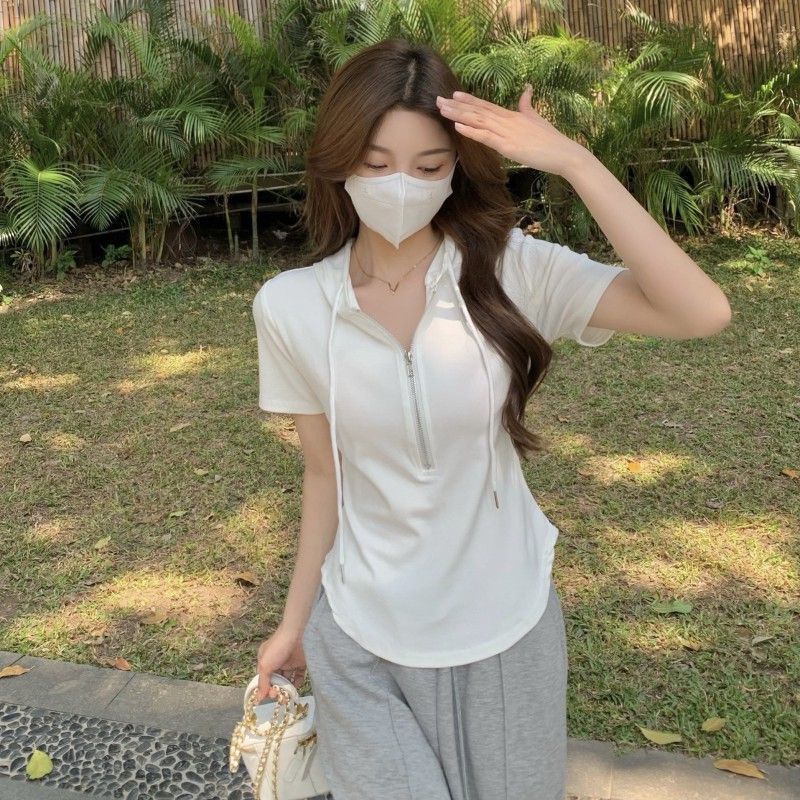 Áo Hoodie Tay Ngắn Màu Trơn Thời Trang 178569 Áo Thun Tay Ngắn Dáng Ôm Dễ Phối Đồ Hợp Thời Trang