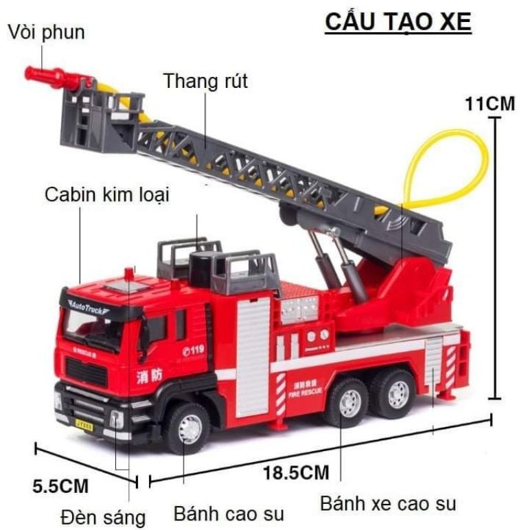 ĐỒ CHƠI XE CỨU HOẢ PHUN NƯỚC HỘP KIM TỈ LỆ 1:50