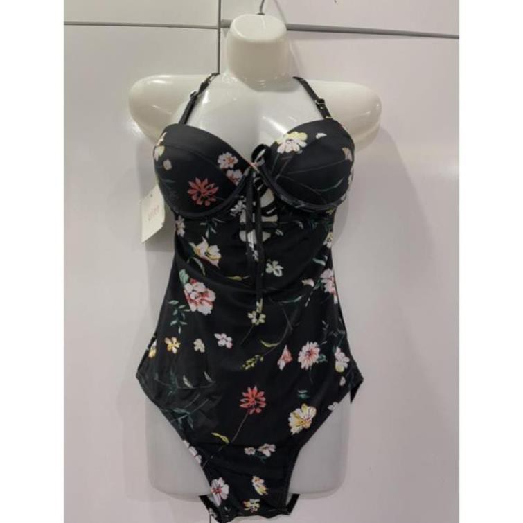 Thanh lý lẻ size Áo bơi Bikini cao cấp LIIE liền thân nâng ngực hoa đen sz L sexy ཾ ་ ་