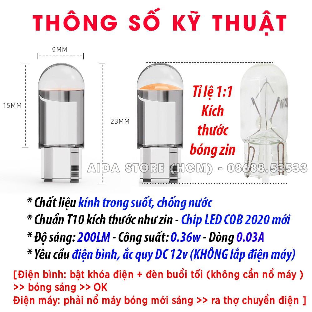 01 bóng LED T10 sáng tốt ĐÚC KÍNH như zin lắp mặt đồng hồ, demi, xi nhan xe máy, ô tô DC 12v