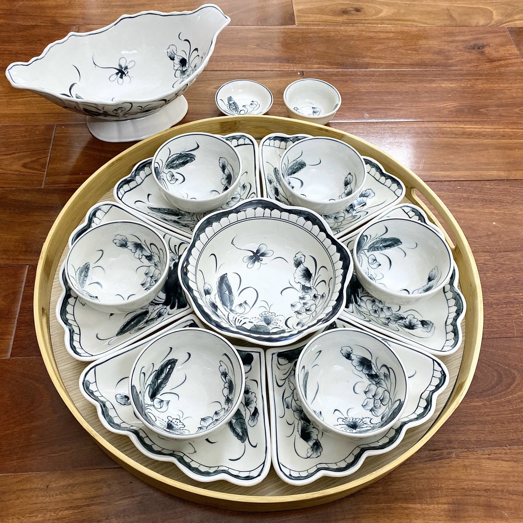 Bộ bát đĩa hoa mặt trời hàng vẽ kèm bát gà và không kèm khay gỗ - Bát ăn cơm - Gốm sứ Decor