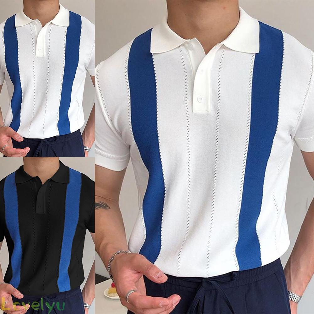 &lt;READY STOCK&gt;Summer Fashion Men Lapel Collar Top slim Shirt Casual Style Short Sleeve T-shirt White Striped Short Sleeves100% brand new！