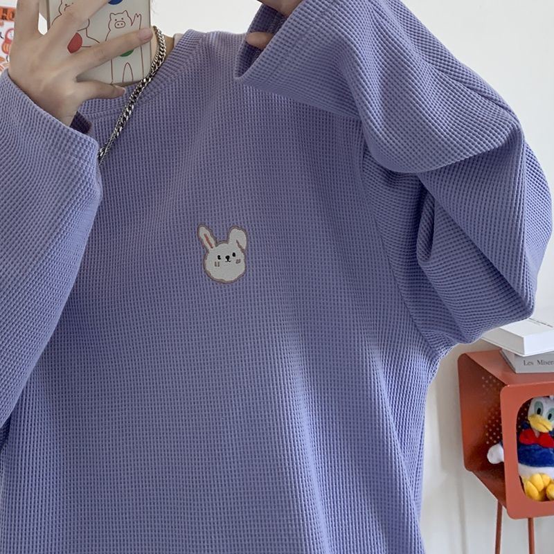 Áo thun tay dài cổ tròn thêu họa tiết hoạt hình phong cách Hàn Quốc cho nữ