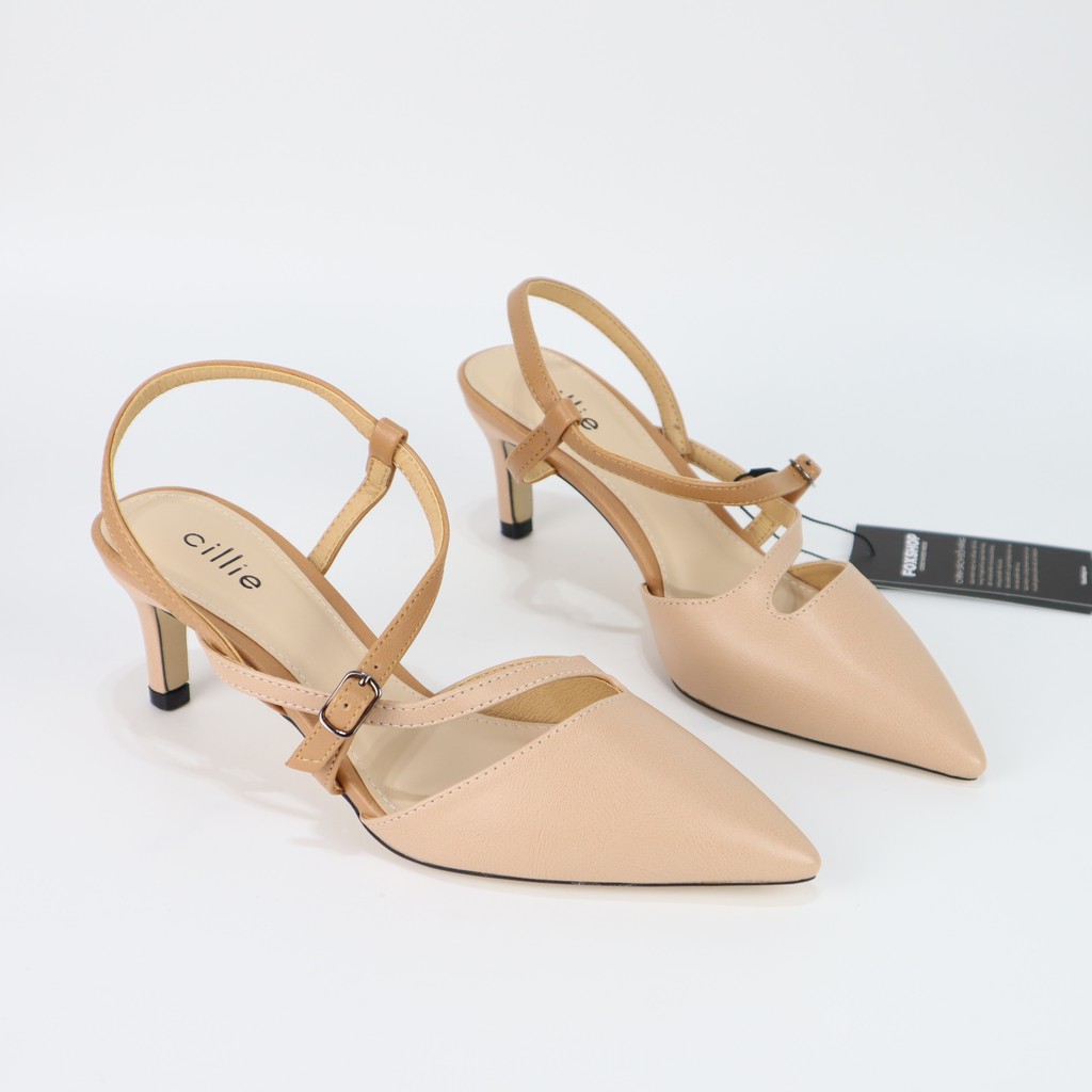 Giày sandal nữ thời trang bít mũi hở hậu quai chéo gót trụ cao 5cm Cillie 1012a