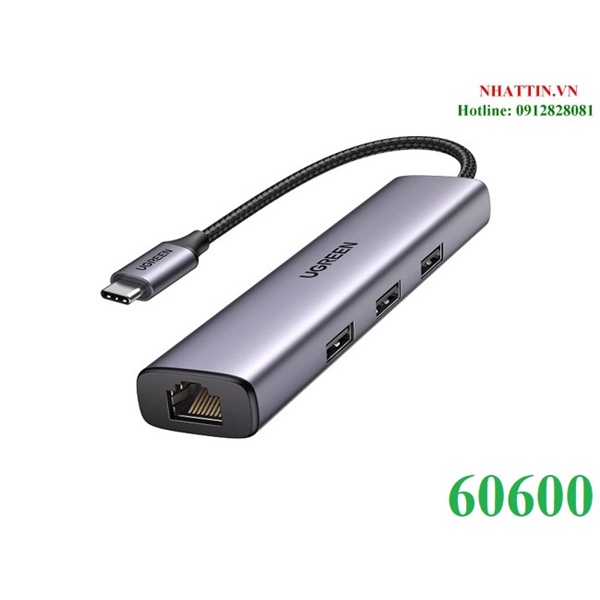 Hub chia USB Type-C to 3 cổng USB 3.0 Type-A kèm Lan Gigabit, vỏ nhôm Ugreen 60600 cao cấp