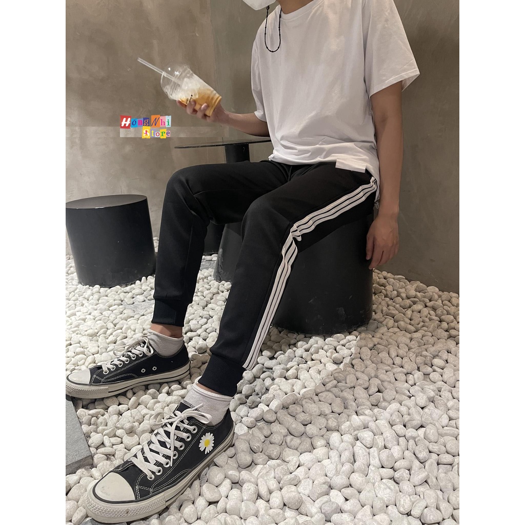 Quần Thể Thao 3 Sọc Trắng Đi Học, Quần Thể Dục Màu Đen 1 Sọc Trắng Bo Lai M2 Cho Nam Nữ Unisex Ulzzang