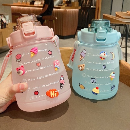 ( Tặng Sticker)Bình Nước 1,2L Có Vạch Báo Giờ Uống Nước, Bình Đựng Nước Mang Đi Học Kèm Dây Đeo