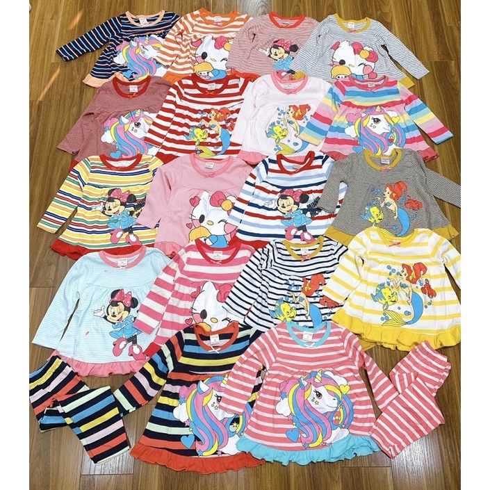 Bộ dài tay bèo gấu cotton borip bé gái kẻ ngang (Sz 10-22kg)