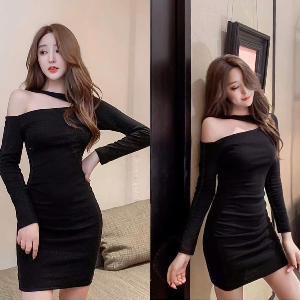 Đầm body tay dài dây lệch vai cá tính, váy ôm eo chất thun borip co giãn cực tốt | BigBuy360 - bigbuy360.vn
