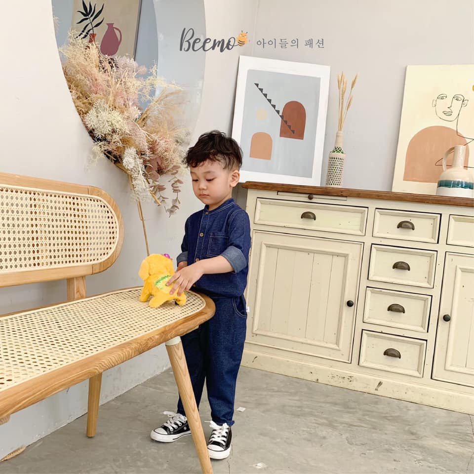 Set bộ bé trai da cá màu denim cổ tàu