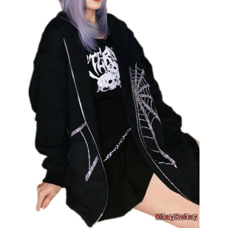 Áo Khoác Cardigan Tay Dài Có Túi Khóa Kéo In Họa Tiết Mạng Nhện Đính Đá & Túi y2k Cho Nữ