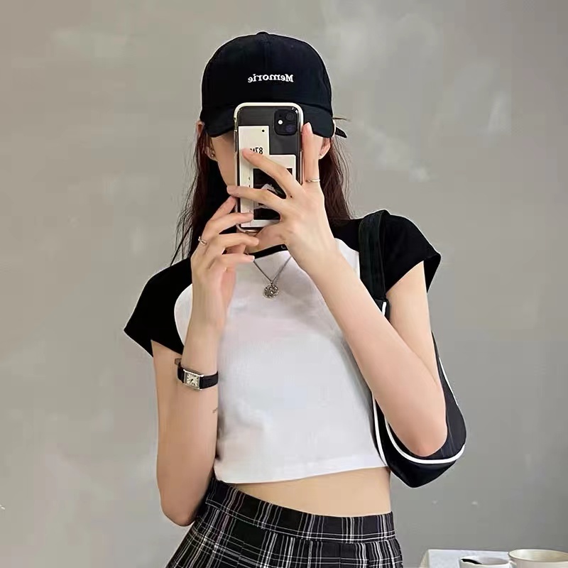 WANGJIAOZHAN Áo thun croptop tay ngắn màu sắc tương phản phong cách Hàn Quốc thời trang cho nữ