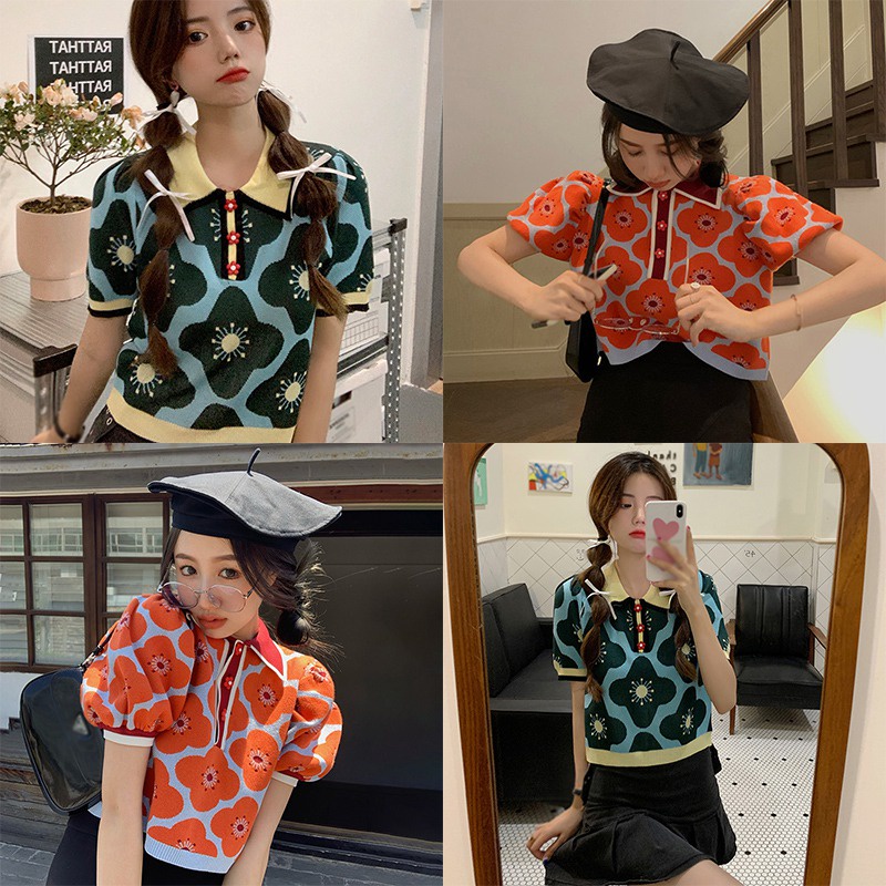 Áo Croptop Dệt Kim Tay Phồng Phong Cách Retro Thời Trang Mùa Hè Hàn Quốc Cho Nữ