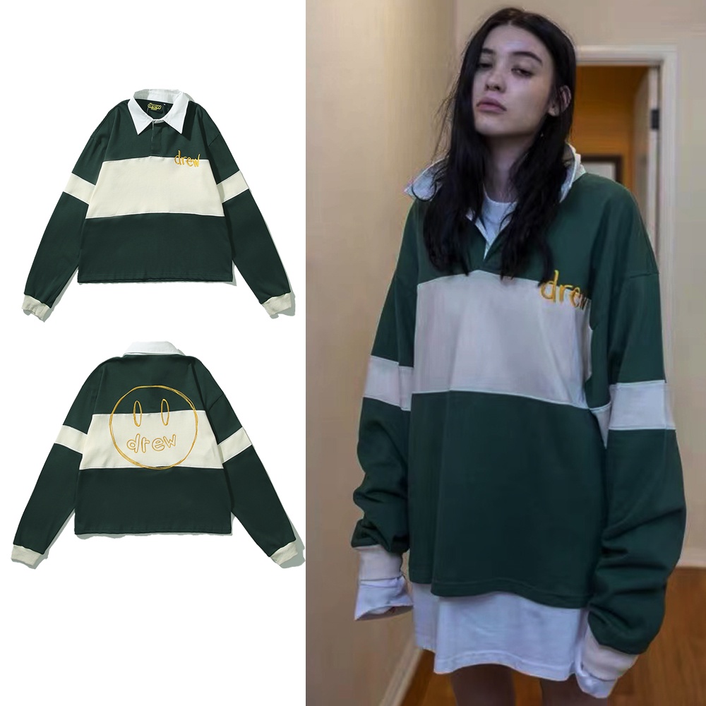 Eye-áo sweater Polo Kẻ Sọc Thêu Chữ Mặt Cười Xu Hướng Đường Phố Cao Cấp