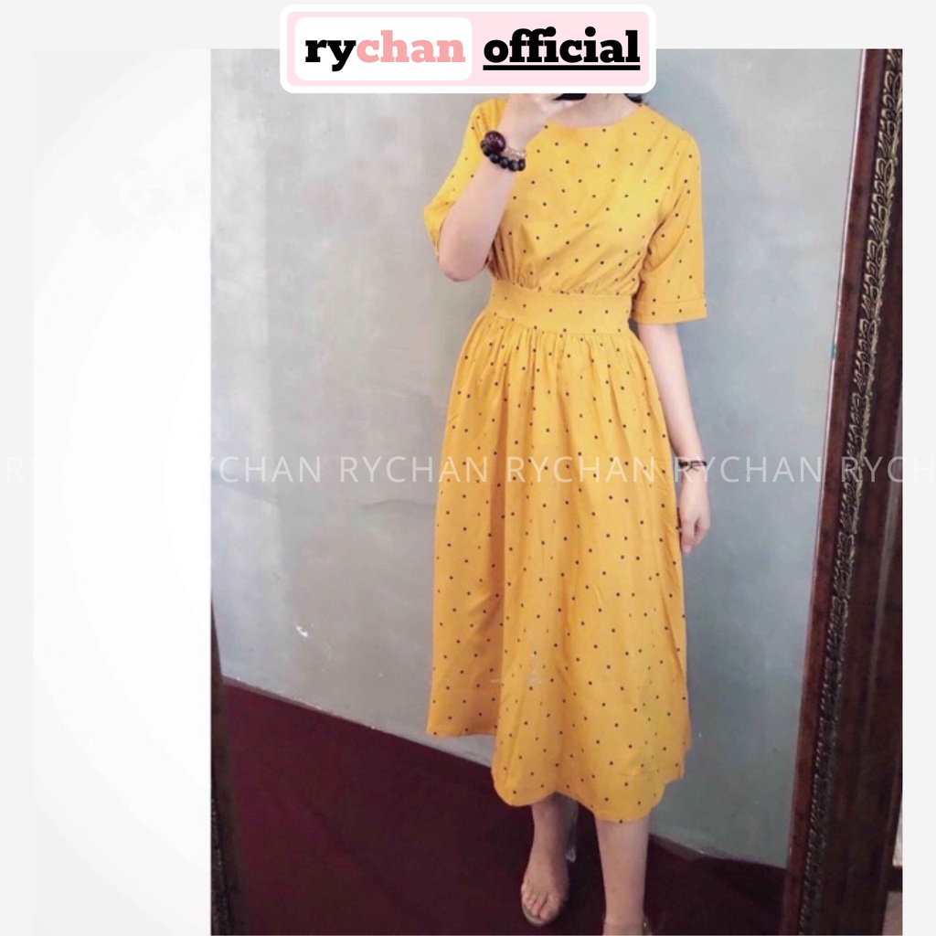 Đầm Nữ Dự Tiệc Trà Họa Tiết Chấm Bi Cổ Tròn Bo Eo Trẻ Trung Thanh Lịch Màu Vàng [ẢNH THẬT CUỐI] - DX9948