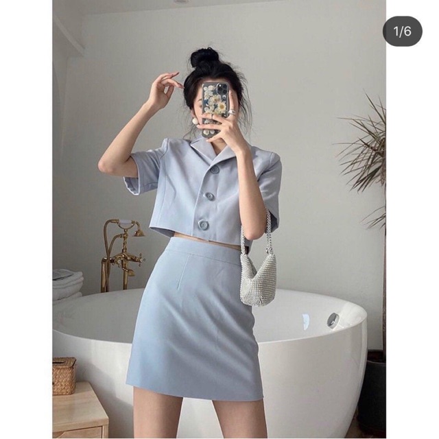 Set vest crop + chân váy xanh