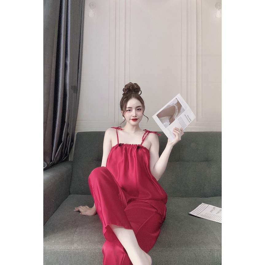 sét đồ ngủ hai dây nhún lụa satin quần dài cao cấp tiểu thư dễ thương