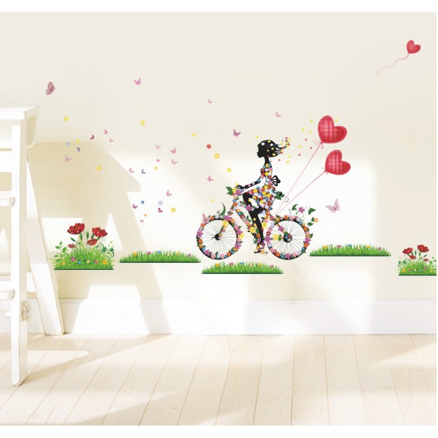 Decal trang trí Cô Gái Chạy Xe Đạp Hoa