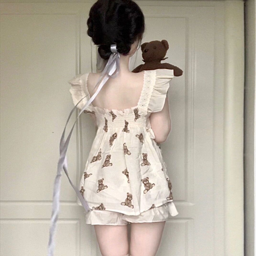 Bộ Đồ Ngủ Hai Dây Mềm Mại In Họa Tiết Gấu Nhật Bản Dễ Thương Thời Trang Mùa Hè Cho Nữ