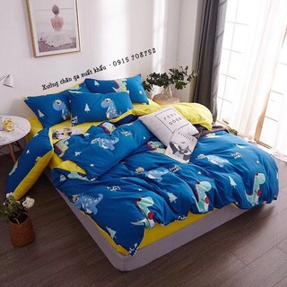 Bộ chăn ga gối cotton đũi khủng long xanh da trời