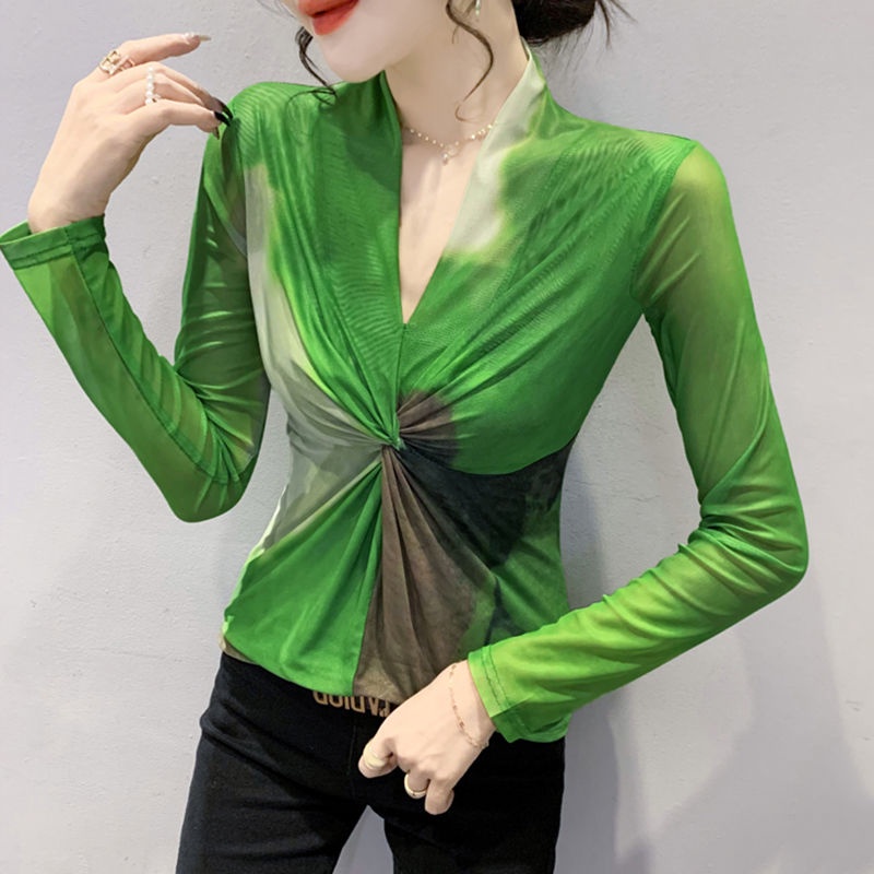 Áo Thun Tay Dài Cổ Chữ V Phối Lưới Nhuộm Màu Phong Cách Phương Tây Thời Trang Mùa Xuân Cho Nữ s 2022