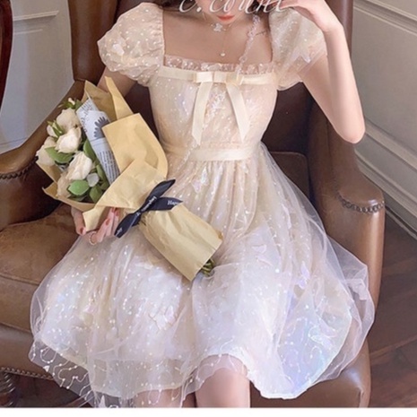 Đầm Công Chúa Cổ Vuông Tay Phồng Phối Lưới Eo Đính Nơ Thời Trang Mùa Hè Xinh Xắn