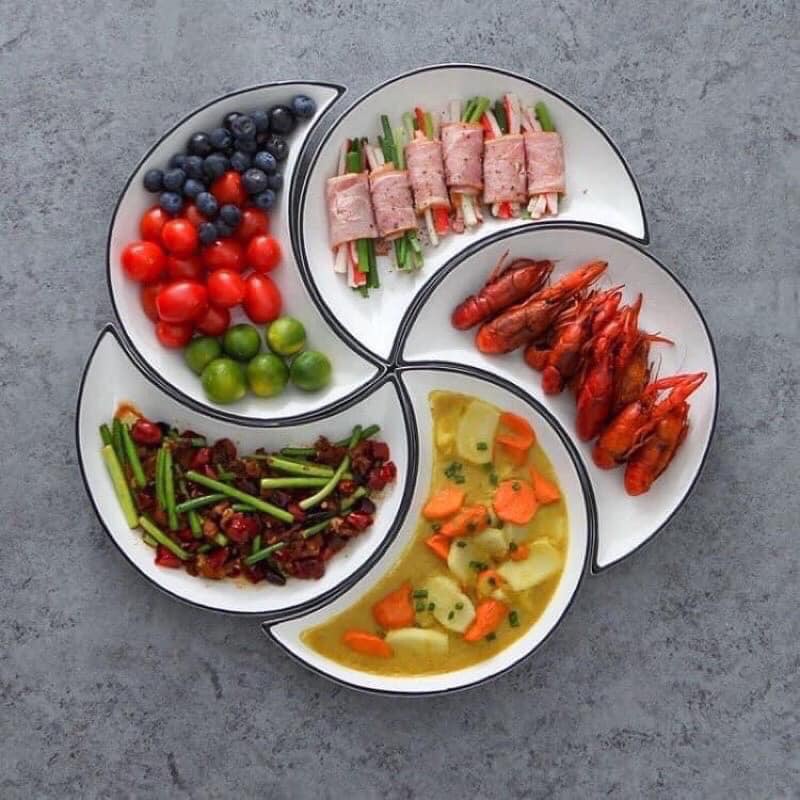 Set đĩa sứ xếp hình hoa 5 cánh mặt trăng trắng tinh cao cấp