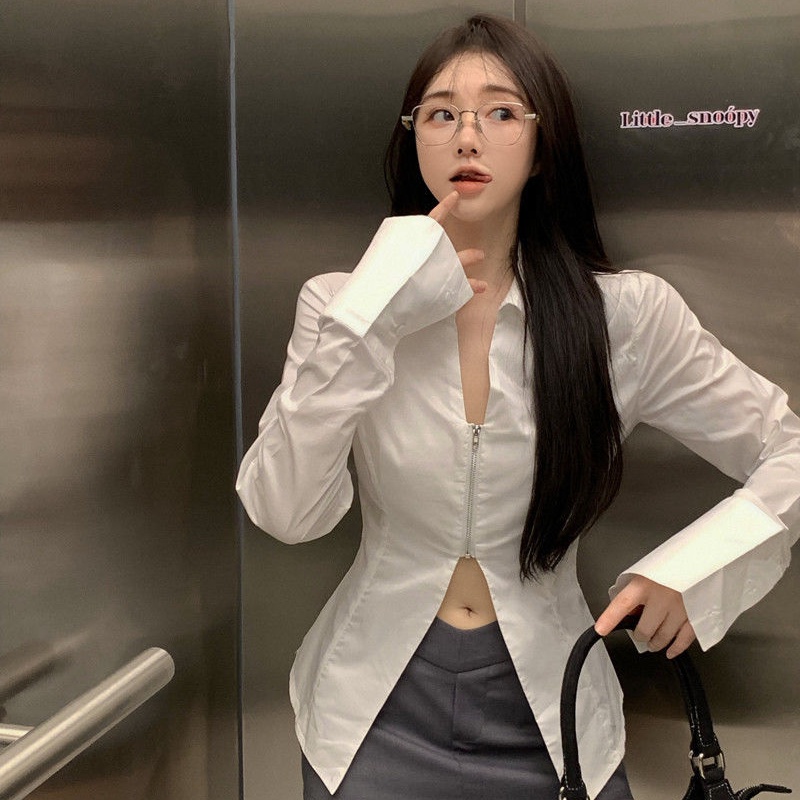 Áo kiểu COZOKC tay dài cổ sơ mi dáng ôm thời trang trẻ trung