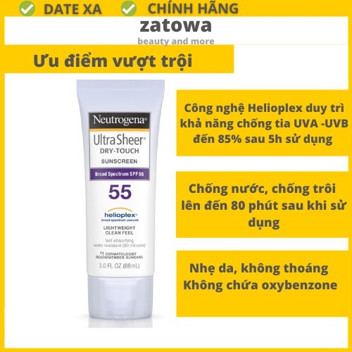 Kem chống nắng Neutrogena Ultra Sheer Dry Touch SPF 55 chính hãng nhẹ da khô thoáng chống nước chống trôi không gây mụn