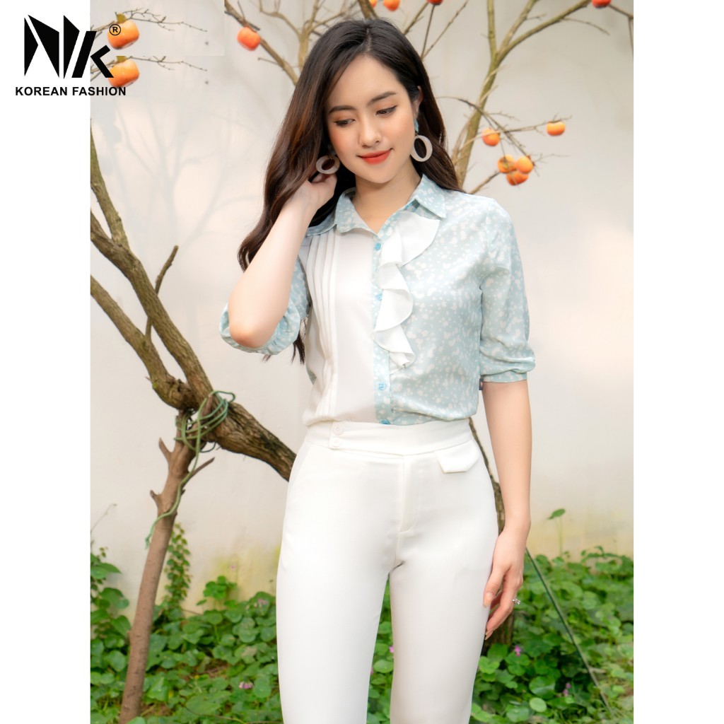 Áo Sơ Mi Nữ Công Sở NK FASHION Dài Tay Cổ Đức Phối Bèo Cách Điệu, Hoạ Tiết Thời Trang Nữ Tính NKSM2101010