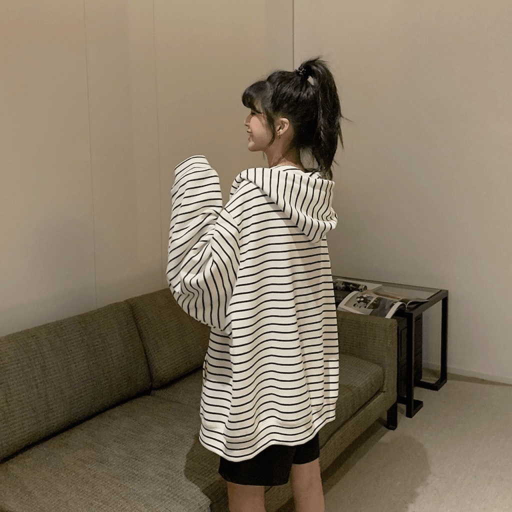 Áo Khoác Nỉ Nữ Dây Khóa Kéo Form Rộng Có Nón Lớn Chất Sọc Dệt Mặc Mát Che Nắng Tốt Phù Hợp Mọi Nơi [NEW UNISEX]