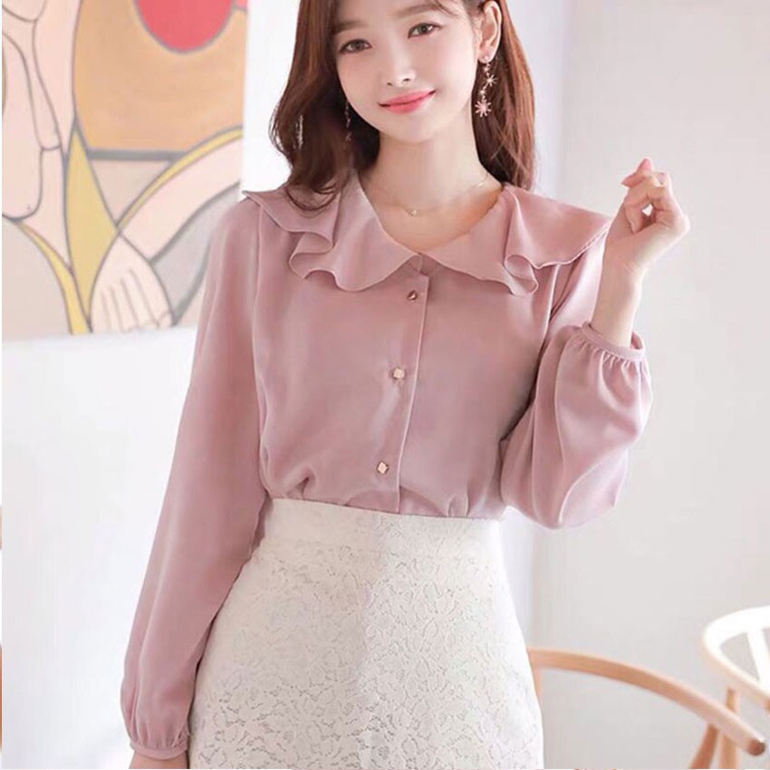 Áo sơ mi nữ VIP STORE màu hồng chất cát thái mềm mịn cổ sen siêu xinh (Thời trang công sở VIP)