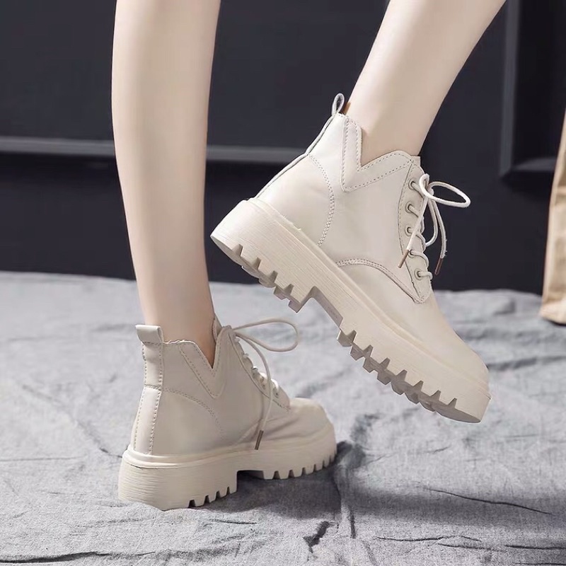 Giày Bốt Boots Martin Nữ Cổ Thấp Đế Cao 4 Phân Siêu Nhẹ Cột Dây Màu Đen Trắng Kem Ulzzang Hàn Quốc Cá Tính