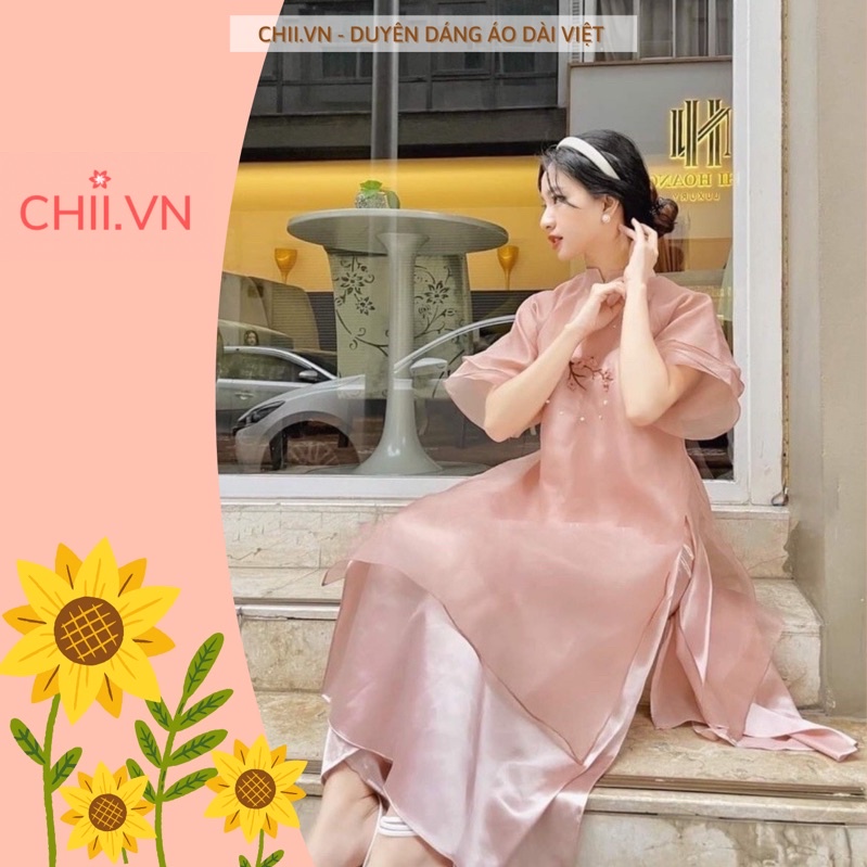 Áo Dài Cách Tân Thêu Tay Đính Hạt Thủ Công Hoạ Tiết Cành Đào, Áo Dài Mộc Miên, Áo Dài Tết Đẹp