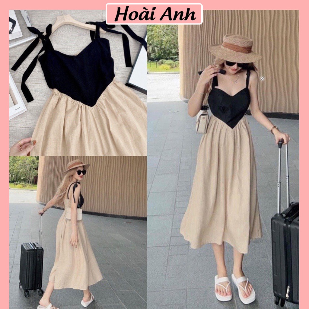 Váy Maxi 2 Dây Nơ Vai Phối Hai Màu Đen Be Đầm Nữ Hai Dây Dáng Suông Dài Có Thun Lưng Freesize
