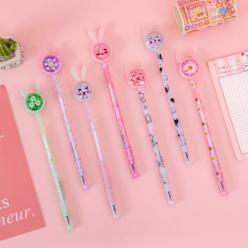 Set 5 chiếc Bút bi nước KIM TUYẾN tai thỏ, hươu ngộ nghĩnh cho bé