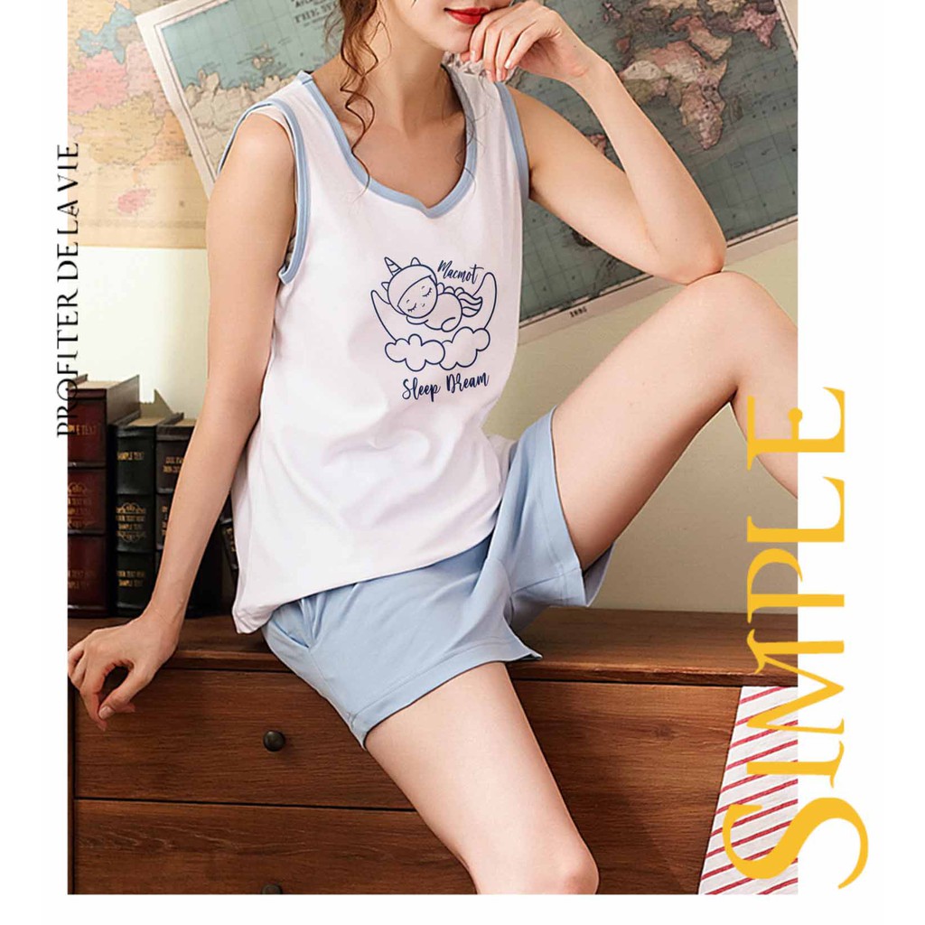 BD002 - Đồ bộ mặc nhà thun cotton dễ thương, quần đùi áo ba lỗ, có thể làm đồ đi chơi, đồ đi ngủ, đồ thun mùa hè. Macmot