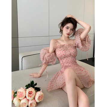 Đầm tay bồng trễ vai họa tiết chấm bi phong cách thời trang dành cho nữ